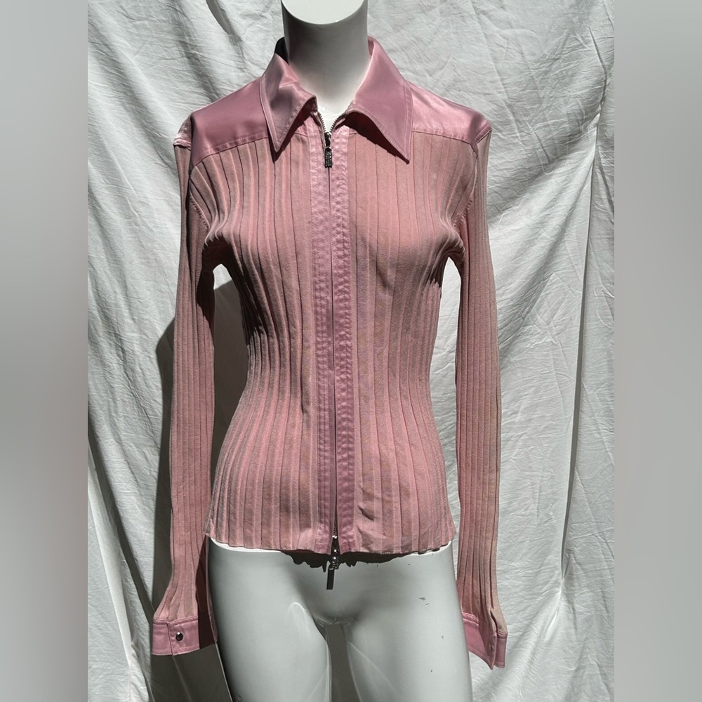 Cache Long Sleeve Silk Pink Ribbed Double Zip Shirt